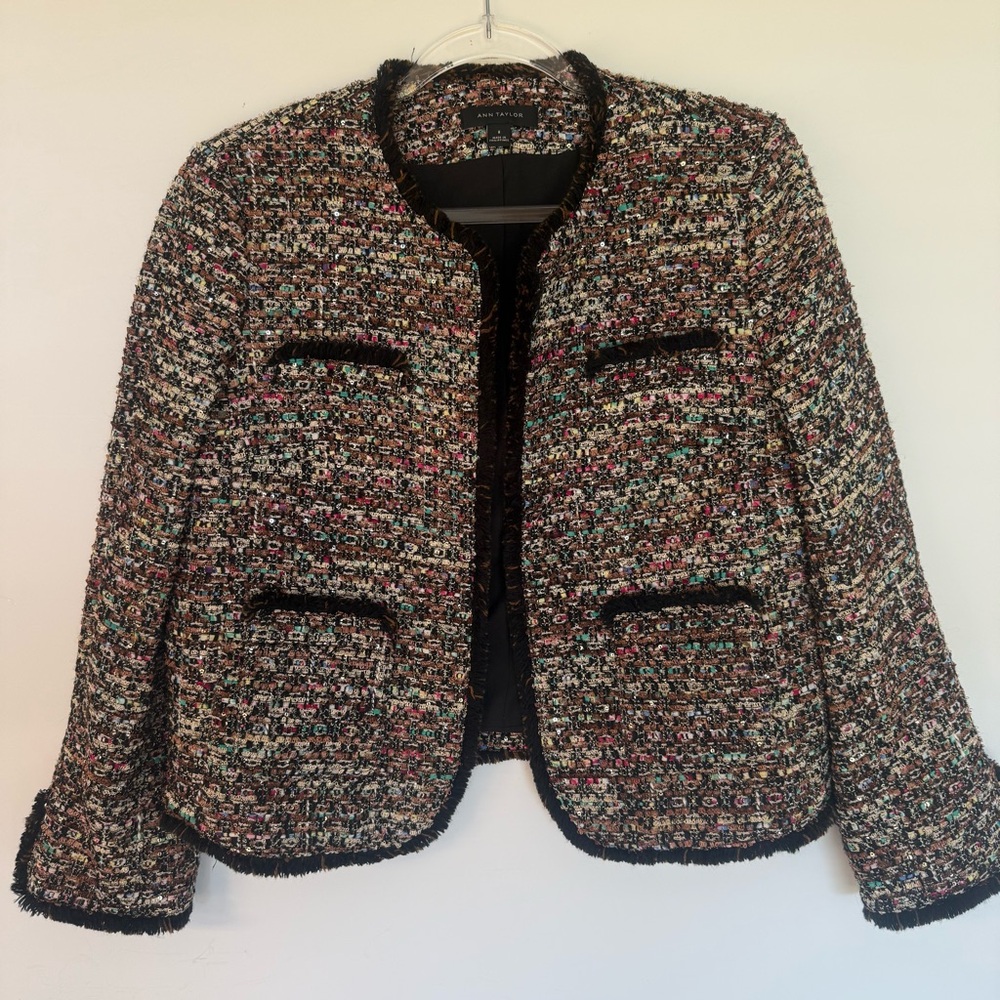 Ann Taylor Tweed Multicolor Sequin Chenille Open Front Fringe Jacket Sz 8